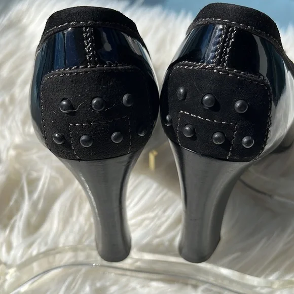 Tod’s Black Patent Leather/Suede Fringe Loafer Pumps Heels - Picture 12 of 16